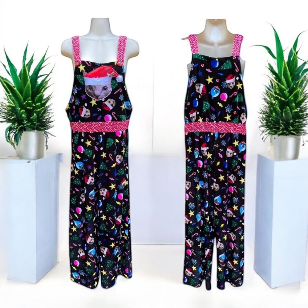 Christmas Cat Overalls Velour cozy Stretch Jumpsuit Size M Cozy Holiday ASO Gwen